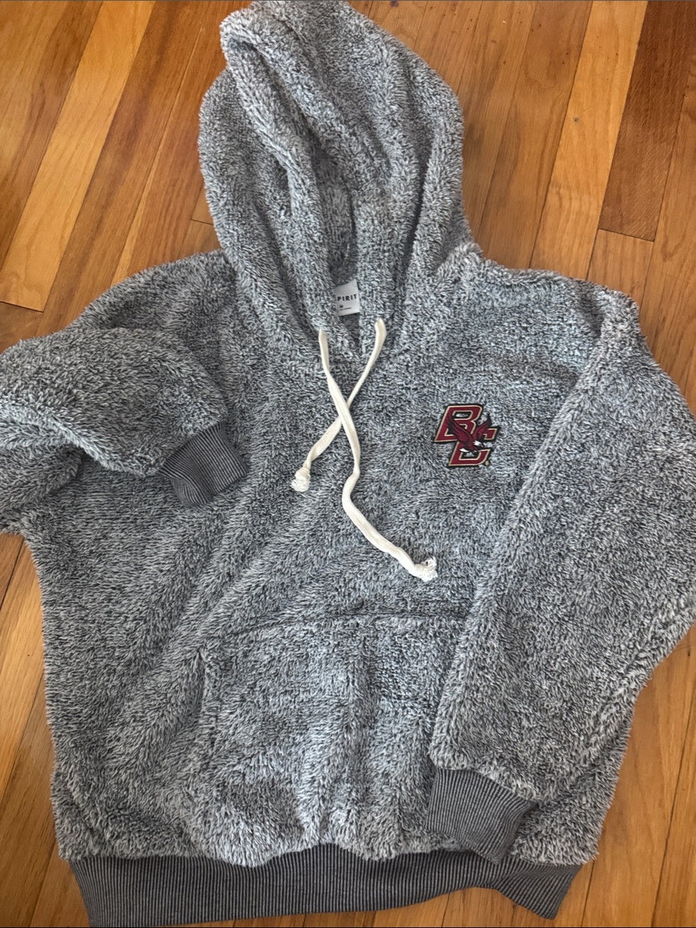 Spirit Light Gray Plush Sherpa Hoodie with White Drawstring